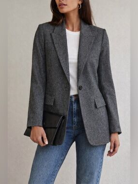 NWT Zara Charcoal Gray Tailored Single-Button Herringbone Blazer size M